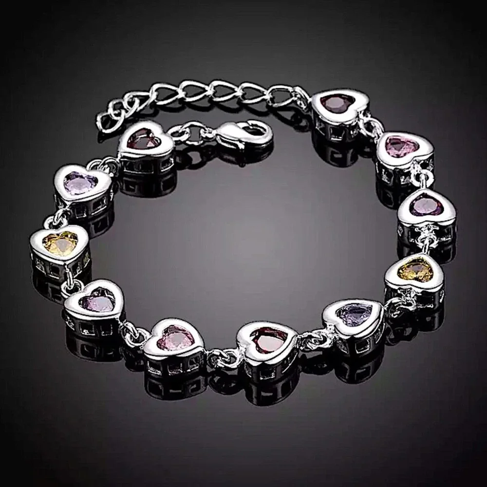 Sterling Silver Heart Multicolor Gemstone 925 Stamped Bracelet - Picture 7 of 12